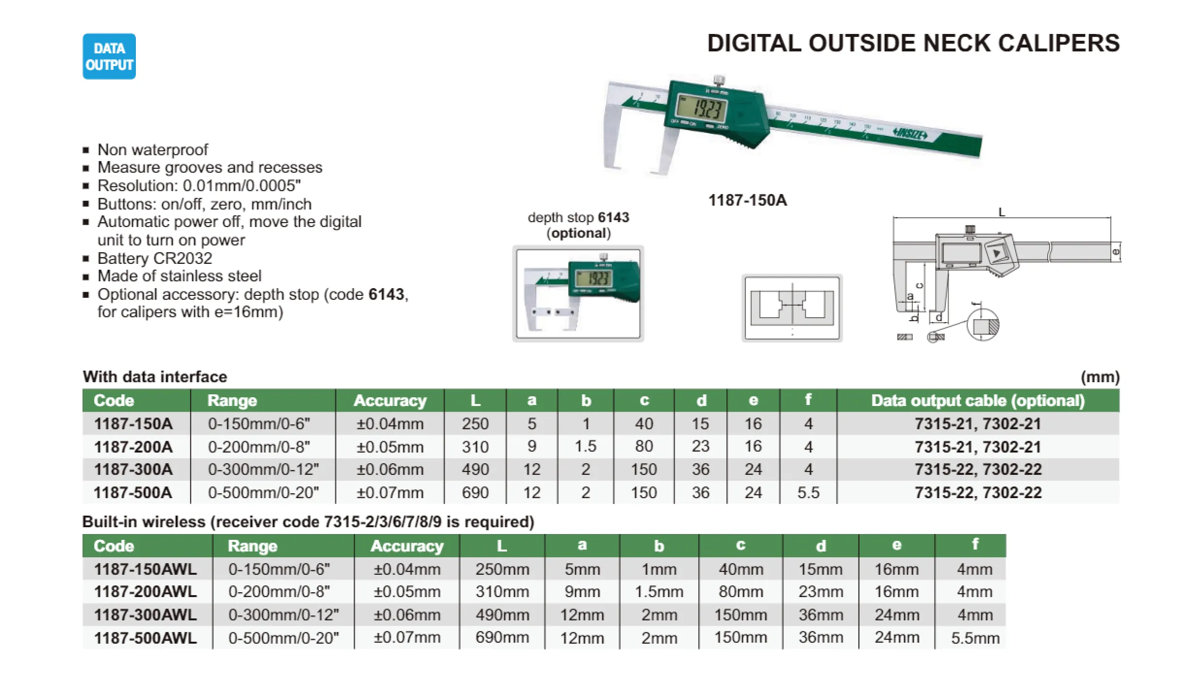 DIGITAL NECK CALIPER - INSIZE 1187-150A 0-150mm / 0-6"