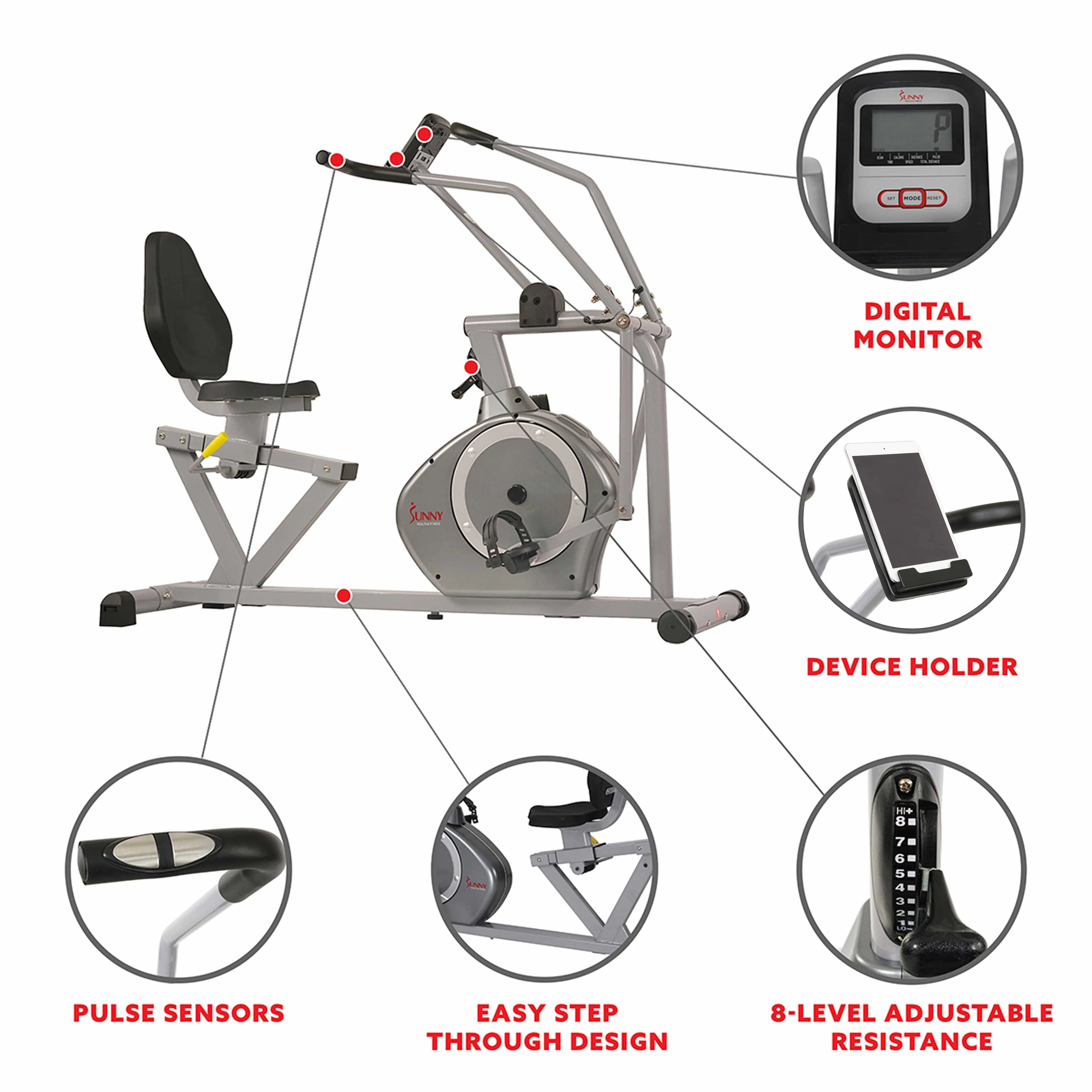 Sunny Health & Fitness Cross Training Magnetic Recumbent Bike - SF-RB4708